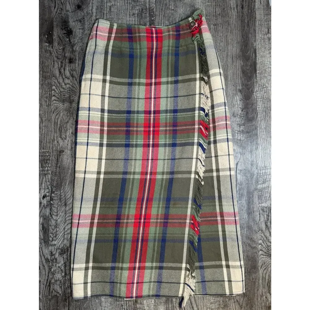 Vintage Liz Claiborne Plaid Wrap Skirt Green Red Fringe Academia Size 4 Holiday
